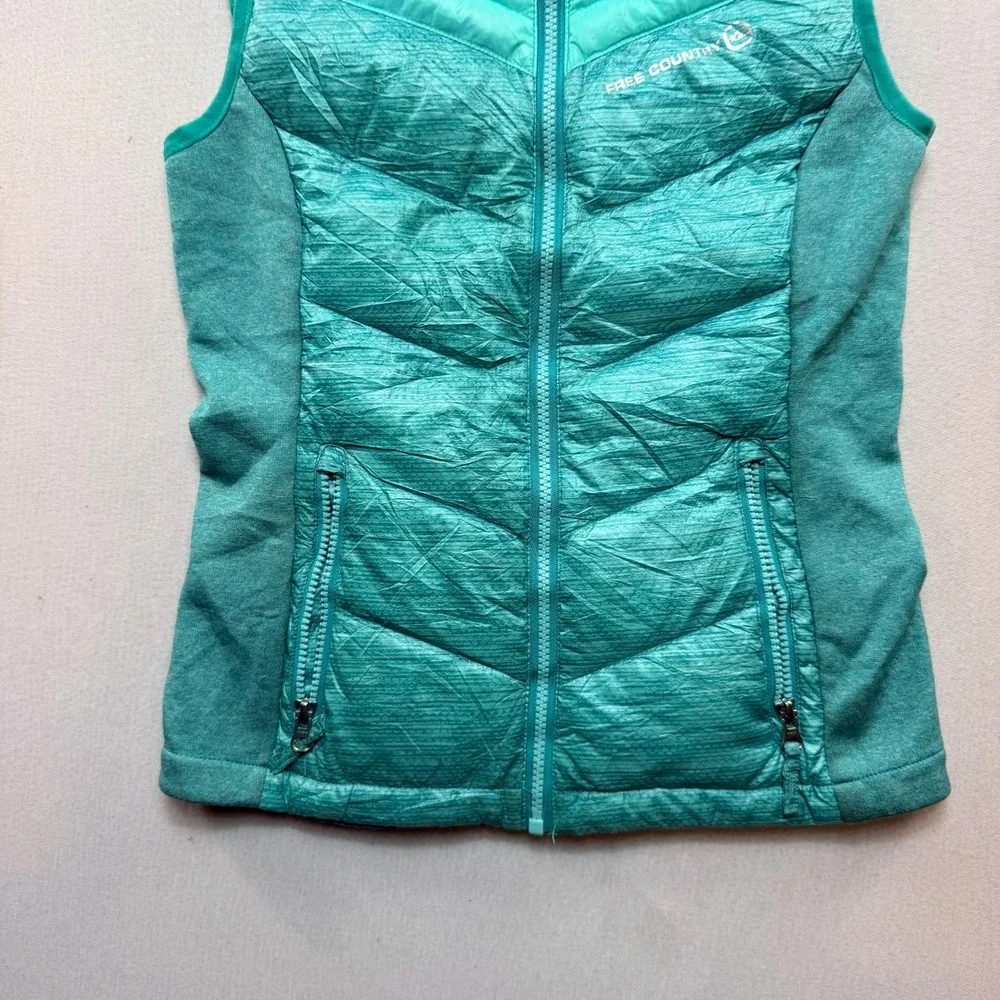 Free Country Puffer Vest Women Small Teal Excellent Hooded Quilted Sleeveless